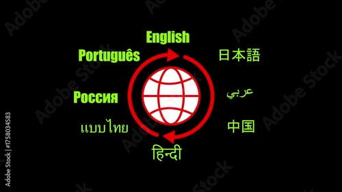 Global language translation concept with world globe and multiple languages in neon green and red on black Keywords: translation, language, global, world, globe, communication, international