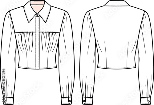 Fashion cad drawing flat vector illustration of stylish cropped shirt with long puff sleeves front and back technical sketch, apparel design, fashion template