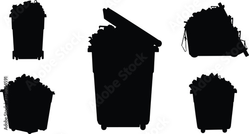 Garbage bin silhouette vector, trash container icons, waste management illustration, black and white style, urban sanitation, recycling concept, environmental cleanup