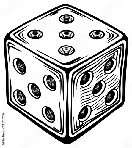 Vintage style black and white illustration of a six sided die showing numbers five three and six for games of chance luck and probability