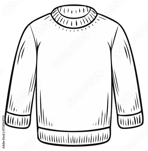 Illustration of a simple long sleeved sweater with ribbing on neck and cuffs in black and white