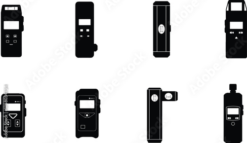 Gas detector silhouette, handheld measurement device icon, safety equipment vector, black illustration, industrial tool, portable sensor, hazard detection concept design