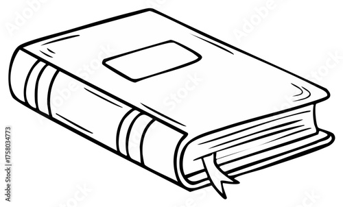 Black and White Line Art Illustration of a Closed Hardcover Book with a Bookmark