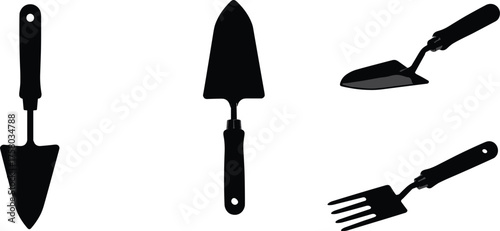 Gardening tool silhouette, hand trowel vector, shovel and fork icon, black illustration, soil cultivation equipment, planting gear, garden work concept