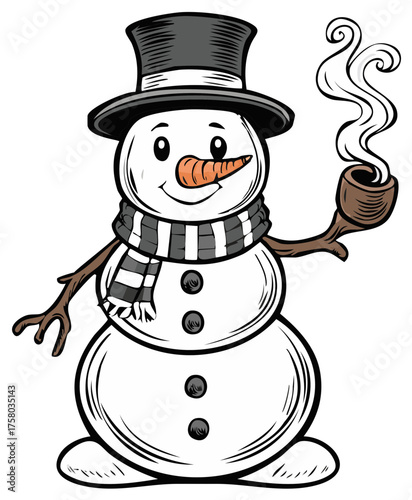 Festive Snowman Cartoon Smoking Pipe with Classic Black Top Hat and Striped Scarf