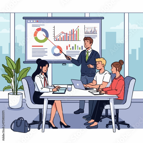 Manager  briefing presentation in conference room monitor project.