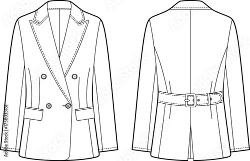 Fashion double breasted belted blazer technical flat sketch, tailored jacket with lapel collar and front pockets, vector garment design template, cad drawing flat vector illustration