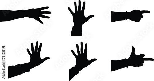  Hand gesture silhouette set, black vector hands, wristband icons, pointing finger illustration, open palm clipart, minimal graphic, communication symbol pack