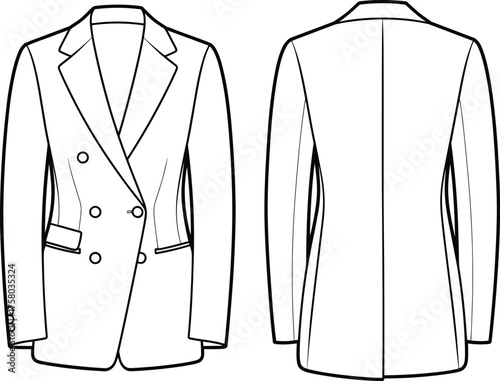 Fashion double breasted blazer technical flat sketch, tailored formal jacket with lapel collar and long sleeves, vector apparel design template, cad drawing flat vector illustration