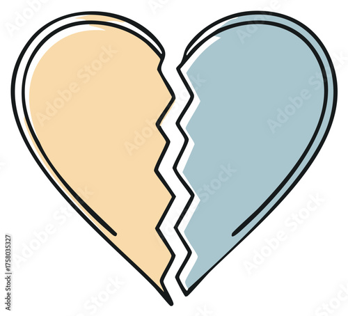 Broken heart illustration in pastel colors. Concept of heartbreak, separation, or loss. Concept art.