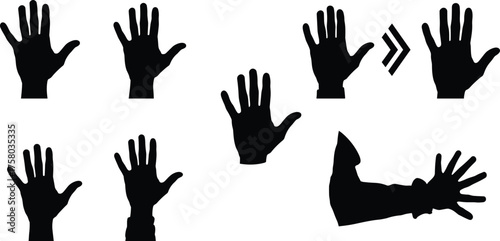  Hand gesture silhouettes set showing seven arm and hand positions, spread fingers, bent wrist, reaching hand, directional arrows indicating motion, vector icon collection