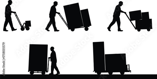  Hand truck silhouette, pallet jack icon, worker moving boxes, logistics equipment vector, black illustration, warehouse transport, manual labor, delivery concept design