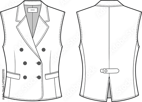 Fashion sleeveless blazer vest technical flat sketch, double breasted formal waistcoat vector template with lapel collar and back strap design, cad drawing flat vector illustration