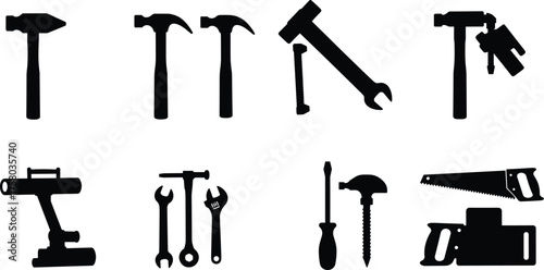  Hand tools silhouette, construction equipment vector, hammer drill wrench saw, black isolated icons, industrial repair tools, DIY hardware illustration for stock