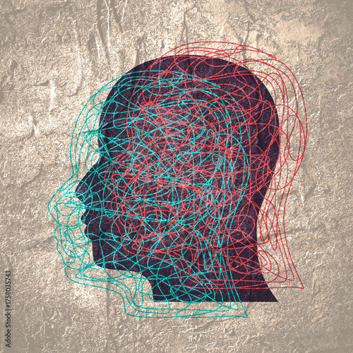 Distorted glitch style portrait. Mental health psychiatric disease concept. A human head with a tangled ball of nerves, scribbles symbolizing a depressed state of a person.