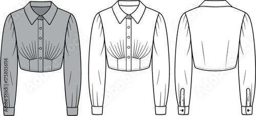Fashion technical flat sketch of women’s cropped shirt with long sleeves, collar, button placket and gathered bust design, CAD drawing flat vector illustration