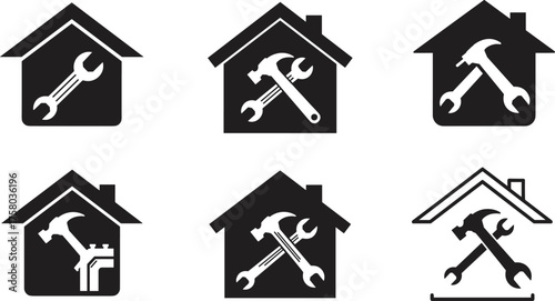  Home repair service icon set, house with tools graphics, black vector illustration, maintenance and handyman visuals, residential improvement symbols, DIY equipment design