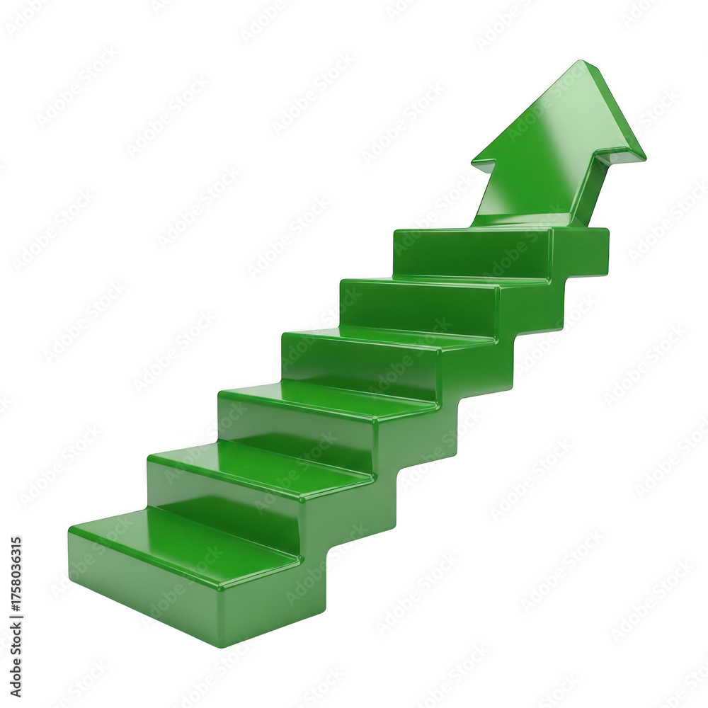 Fototapeta premium Green staircase arrow symbolizing growth and progress isolated on transparent background