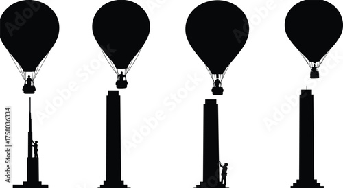 Hot air balloon silhouettes, elevation concept, human interaction, column height comparison, black vector illustration, abstract metaphor, reaching goal, vertical alignment design