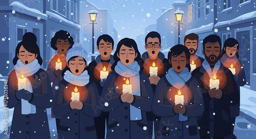 Christmas Carolers Singing with Candles in Snowy Winter Scene