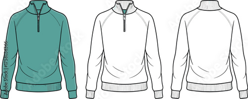 Half zip sweatshirt CAD drawing flat vector illustration, front and back technical fashion sketch for apparel design and clothing templateHalf 