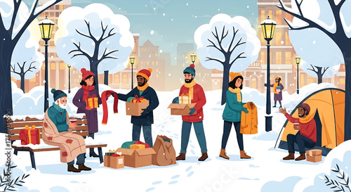 Winter Charity: People Helping Homeless with Donations in City Park