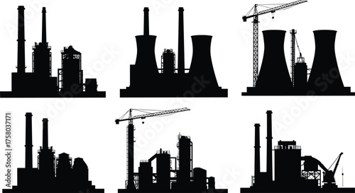 Industrial factory silhouettes, power plant icons, refinery vector set, black energy infrastructure, smokestack illustration, cooling tower graphics, construction site elements