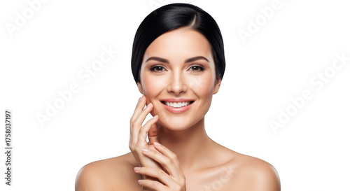 Smiling woman touching her face isolated on transparent background, radiant skin and natural beauty