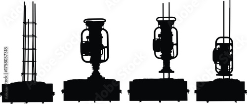 Industrial machine silhouette, mechanical equipment, pump and compressor vector, engineering tools, factory device illustration, black machinery icons, technical design elements, manufacturing concept