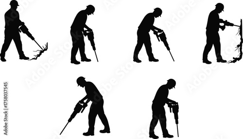  Jackhammer operator silhouettes set, multiple postures using pneumatic breaker, construction demolition scenes, hard hat safety, debris and cracked concrete action