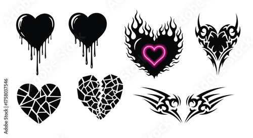 Vector art of collection of stylized black heart shapes with various effects