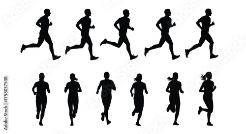 Vector art of silhouettes of male and female runners in motion