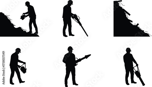  Jackhammer worker silhouettes, construction demolition scenes, manual labor poses, pneumatic drill operators, breaking ground, debris, safety helmets, high-energy work illustrations