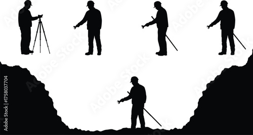 Land surveyor silhouettes in hard hat using tripod, measuring rod, staff readings, field surveying poses, valley cross section, topographic measurement, construction mapping, civil engineering