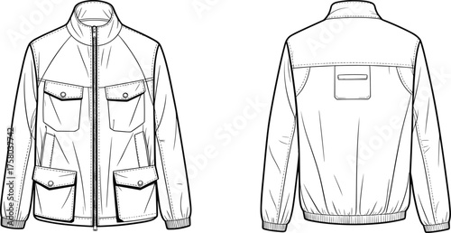 Structured jacket sketch, fashion design template, technical flat drawing, flap pocket jacket, garment illustration, vector outline, front and back view