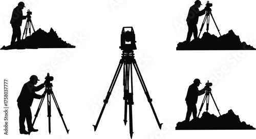  Land surveyor silhouettes with total station, construction measurement equipment, engineer using theodolite tripod, geodetic instrument on site, topographic surveying vector illustration design