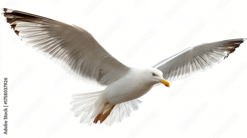Fototapeta premium A white seagull with outstretched wings soars against a bright white sky
