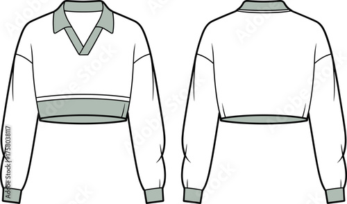 Modern cropped sweatshirt fashion flat sketch, long sleeve pullover with contrast collar and waistband, stylish casual top design, cad drawing flat vector illustration