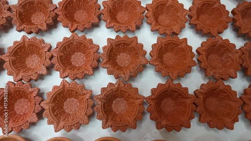 Clay diyas or Clay lamps top view. Selective focus. Diwali diyas.