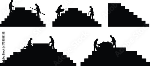  Manual pyramid construction, silhouette worker placing blocks, stepped structure building process, black and white vector illustration, architectural labor, development stages, progress concept