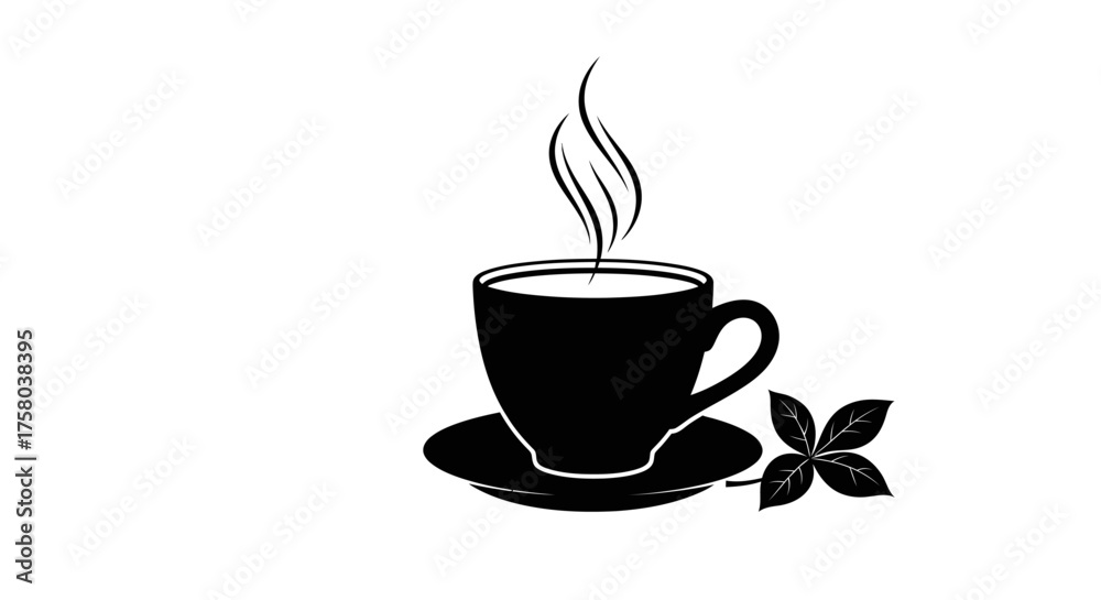 Fototapeta premium A black silhouette of a steaming coffee cup and saucer with a small four-leaf clover