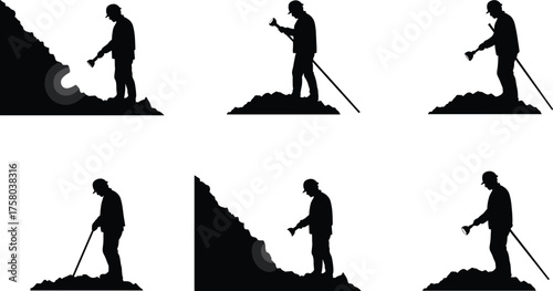  Metal detector silhouettes, treasure hunting vector, outdoor search activity, archaeological exploration, people detecting metal, black figures on dirt mounds, hobby illustration