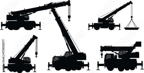 Mobile cranes silhouettes lifting and transporting loads on trucks, outriggers deployed, hooks and cables visible, various boom angles, construction heavy lifting operations