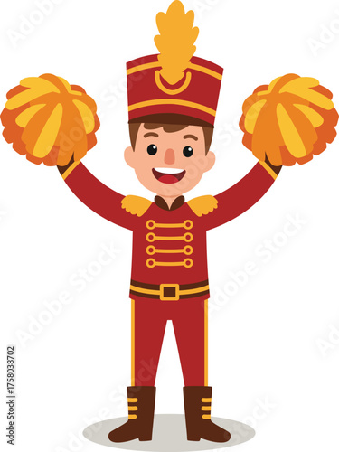 cute cartoon male cheerleader in uniform holding pom-poms in hand
