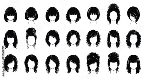 Vector art of collection of black and white illustrations of various hairstyles