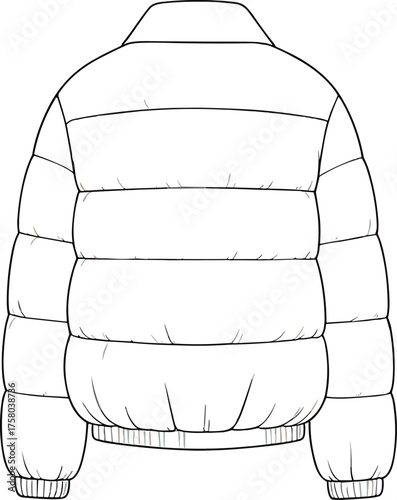 Puffer jacket back view cad drawing flat vector illustration, winter fashion design template, technical garment sketch for outerwear apparel