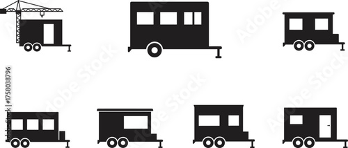 Mobile trailer silhouettes, construction site units, portable buildings, temporary office cabins, black vector icons, isolated transport structures, editable illustration for stock use