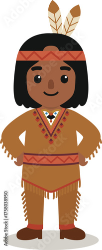 cute cartoon native wearing a war bonnet on his head in a standing pose with both hands on his waist