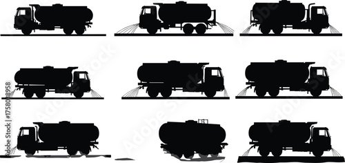 Nine water tanker truck silhouettes spraying for street cleaning and dust suppression, various nozzle angles, tank configurations, puddle splash, municipal maintenance scene