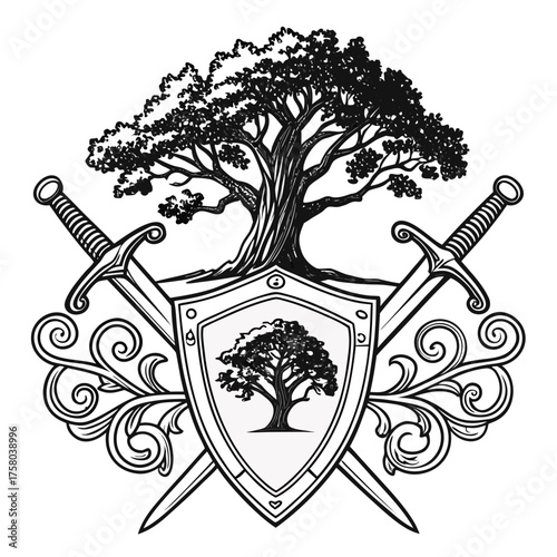 Vintage Family Crest Vector with Oak Tree and Crossed Swords


